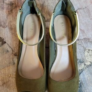 BAMBOO Olive Green Ankle Strap Heels with Gold Buckle